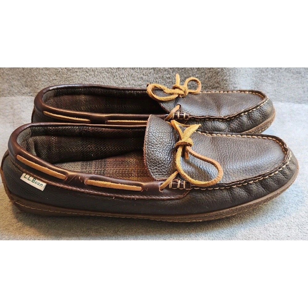 LL Bean Men Size 12 212164 Leather Flannel Lined Moccasin Slippers Brown - Picture 4 of 9